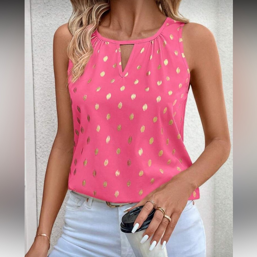 Sleeveless Pink Blouse with Gold Dot Accents